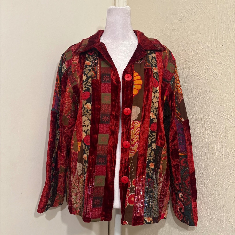 Red Velvet Patchwork Sequin Jacket Whimsigoth Fairy Boho Witchy Rustic Quilted M